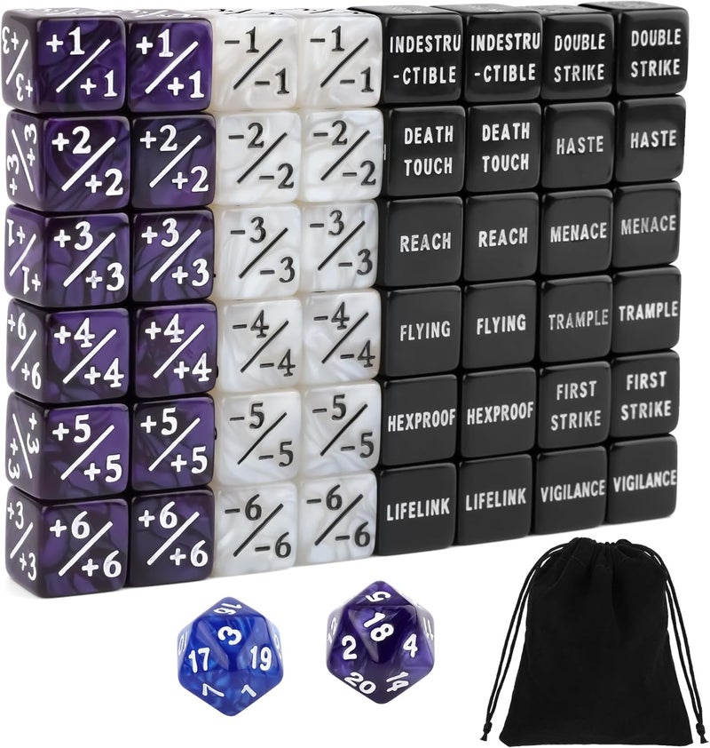 Anglekai 50PCS MTG Dice Counters, 24PCS Abilities Keywords/ 24P -1/+1 Buff Tokens/ 2P D20 Cube Dices/Storage Bag, MTG Counters for TCG Card Games - Image 1